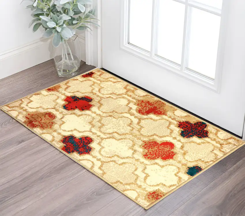 Beige Quatrefoil Power Loom Distressed Stain Resistant Area Rug Photo 1