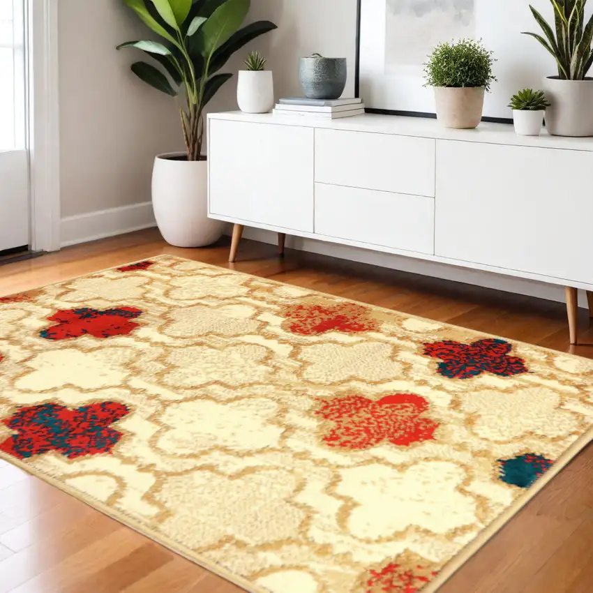 Beige Brown And Red Quatrefoil Distressed Area Rug Photo 1