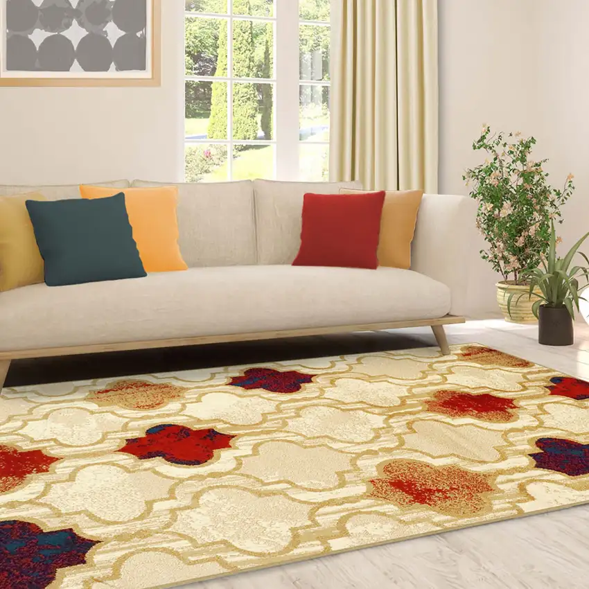 Beige Quatrefoil Power Loom Distressed Stain Resistant Area Rug Photo 6