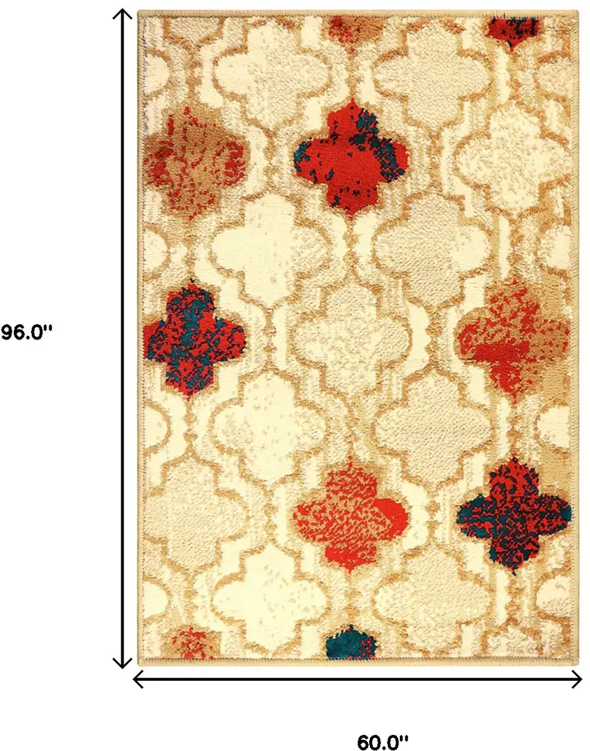 Beige Brown And Red Quatrefoil Distressed Area Rug Photo 3
