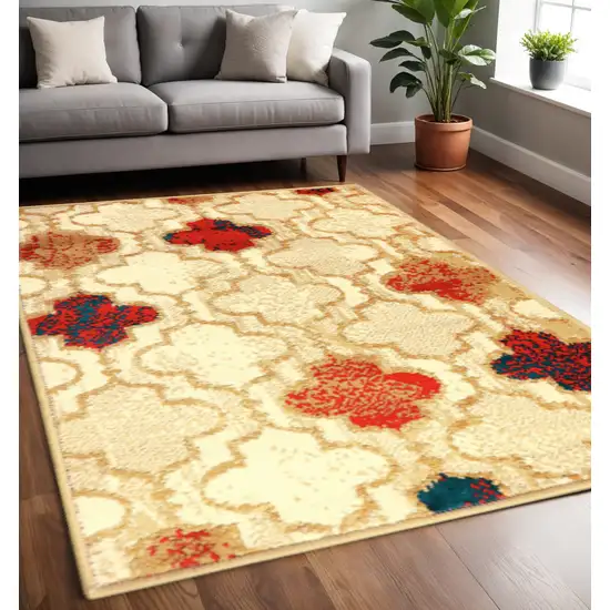 Beige Brown And Red Quatrefoil Distressed Area Rug Photo 1