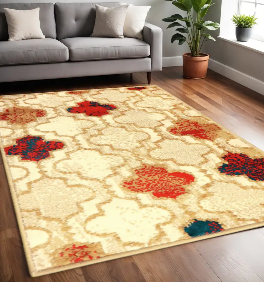 Beige Brown And Red Quatrefoil Distressed Area Rug Photo 1