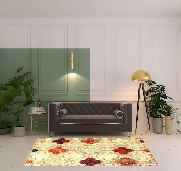 Beige Quatrefoil Power Loom Distressed Stain Resistant Area Rug Photo 2