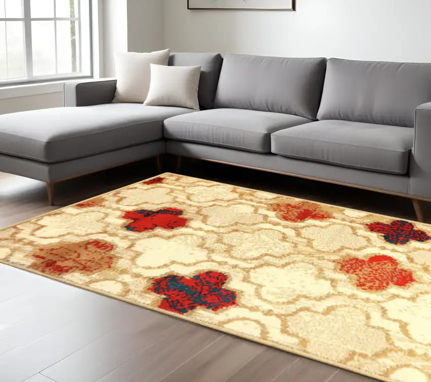 Beige Brown And Red Quatrefoil Distressed Area Rug Photo 1