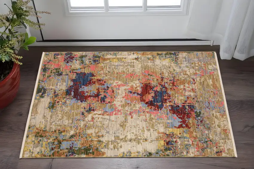 Beige Red And Blue Abstract Area Rug With Fringe Photo 1