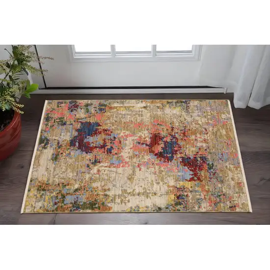 Beige Red And Blue Abstract Area Rug With Fringe Photo 1