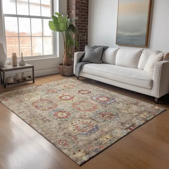 Beige Red And Blue Medallion Washable Indoor Outdoor Area Rug Photo 9