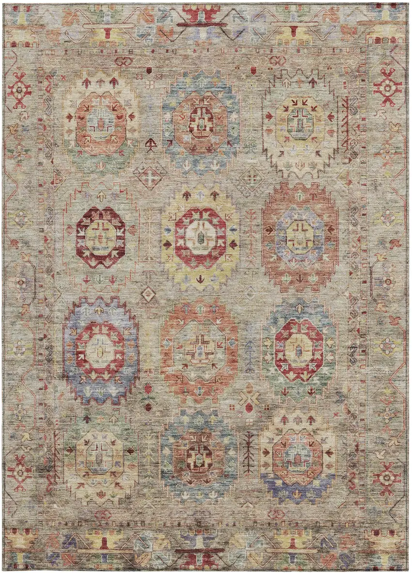 Beige Red And Blue Medallion Washable Indoor Outdoor Area Rug Photo 5