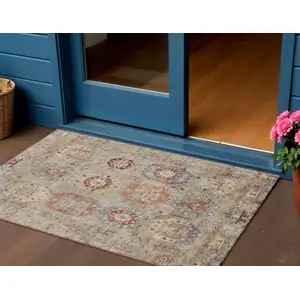 Photo of Beige Red And Blue Medallion Washable Indoor Outdoor Area Rug