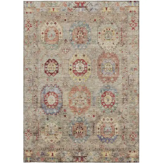 Beige Red And Blue Medallion Washable Indoor Outdoor Area Rug Photo 4