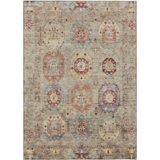 Beige Red And Blue Medallion Washable Indoor Outdoor Area Rug Photo 2
