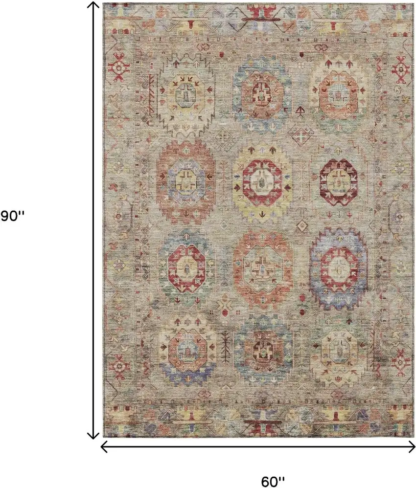 Beige Red And Blue Medallion Washable Indoor Outdoor Area Rug Photo 3