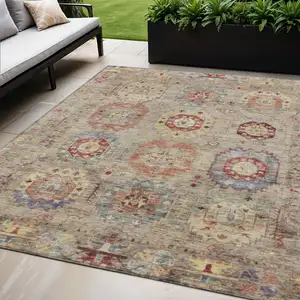Photo of Beige Red And Blue Medallion Washable Indoor Outdoor Area Rug