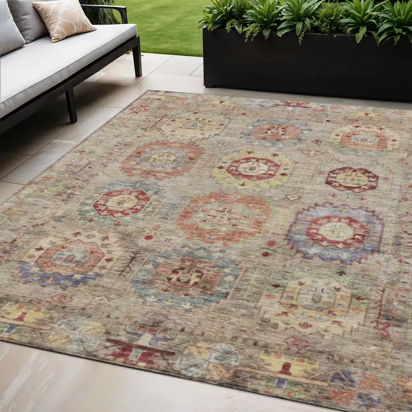 Beige Red And Blue Medallion Washable Indoor Outdoor Area Rug Photo 1