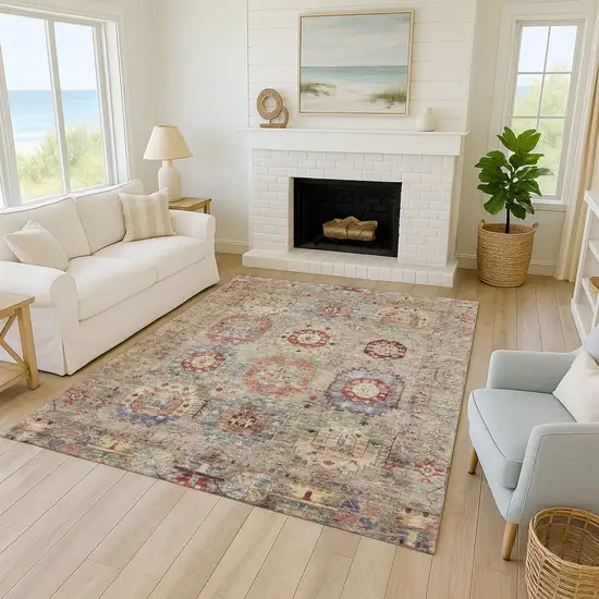 Beige Red And Blue Medallion Washable Indoor Outdoor Area Rug Photo 9