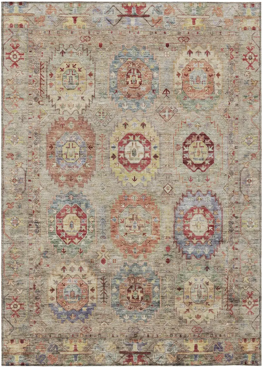 Beige Red And Blue Medallion Washable Indoor Outdoor Area Rug Photo 2