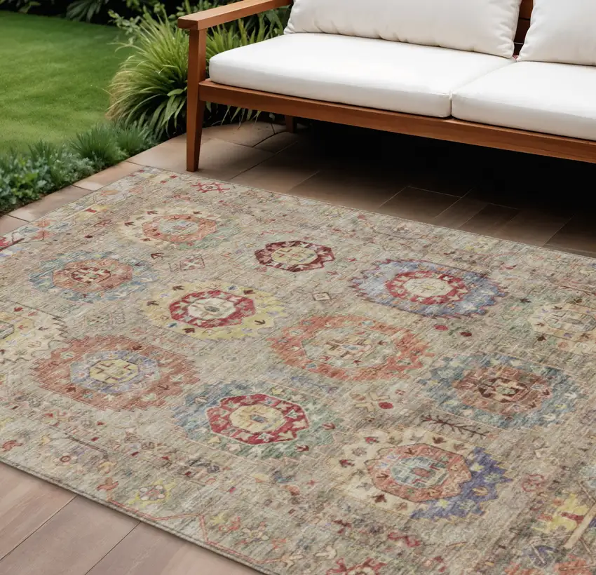 Beige Red And Blue Medallion Washable Indoor Outdoor Area Rug Photo 1