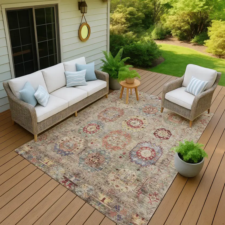 Beige Red And Blue Medallion Washable Indoor Outdoor Area Rug Photo 8