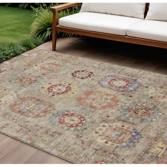 Beige Red And Blue Medallion Washable Indoor Outdoor Area Rug Photo 1