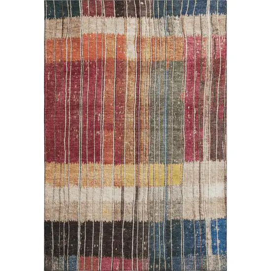 Beige Red And Blue Striped Washable Area Rug With UV Protection Photo 1