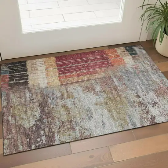 Beige Red And Blue Striped Washable Area Rug With UV Protection Photo 2