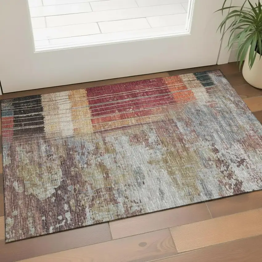 Beige Red And Blue Striped Washable Area Rug With UV Protection Photo 2