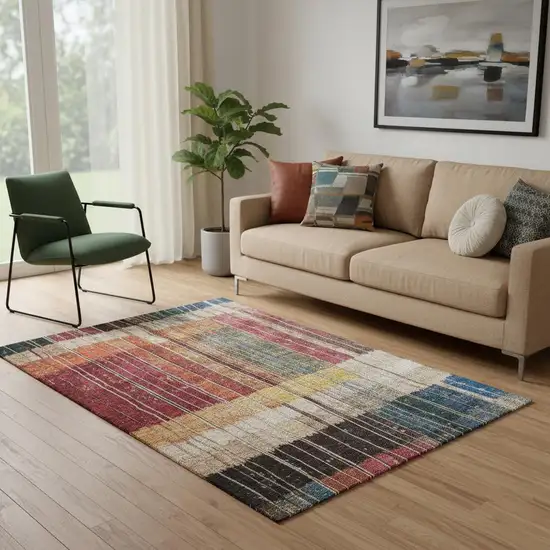 Beige Red And Blue Striped Washable Area Rug With UV Protection Photo 2