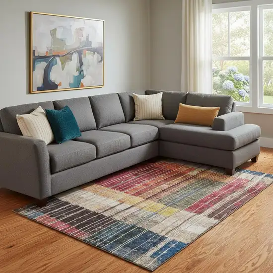 Beige Red And Blue Striped Washable Area Rug With UV Protection Photo 2