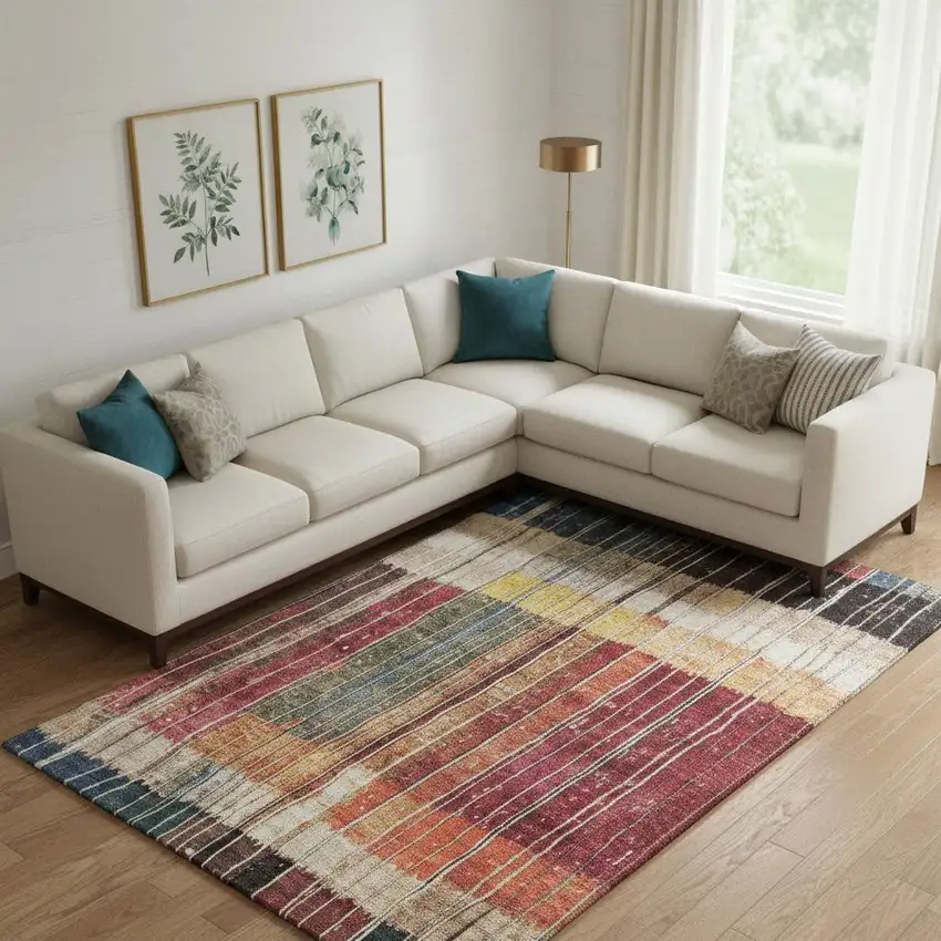 Beige Red And Blue Striped Washable Area Rug With UV Protection Photo 2