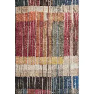 Photo of Beige Red And Blue Striped Washable Area Rug With UV Protection
