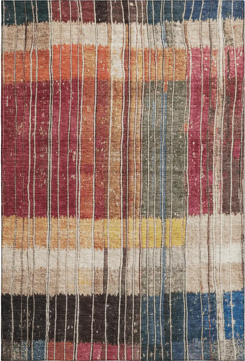 Beige Red And Blue Striped Washable Area Rug With UV Protection Photo 1