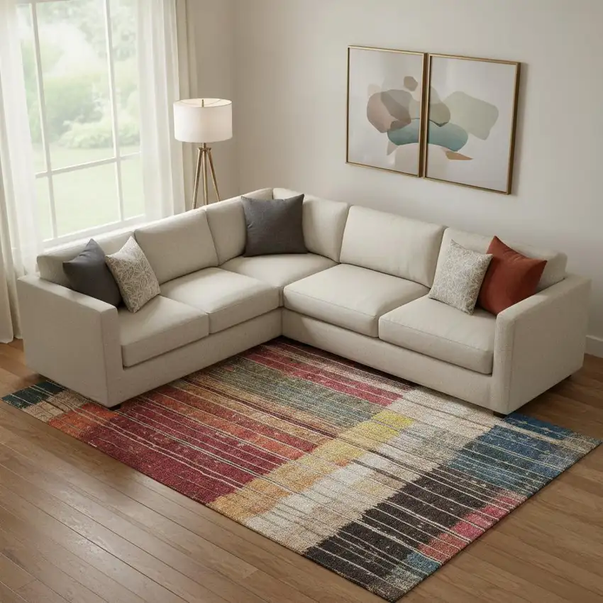 Beige Red And Blue Striped Washable Area Rug With UV Protection Photo 2