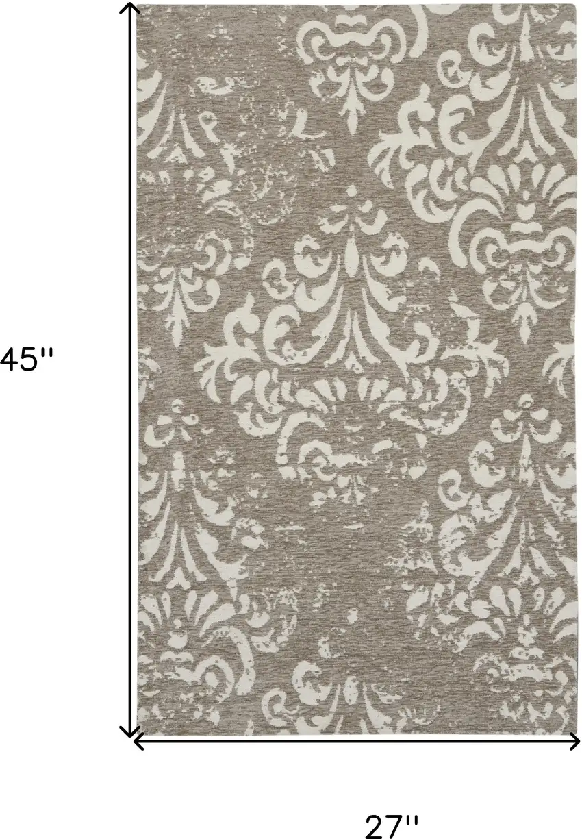 Beige Red And Gray Damask Distressed Area Rug Photo 3