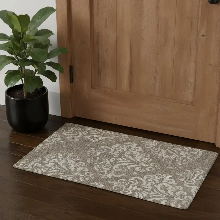 Beige Red And Gray Damask Distressed Area Rug Photo 1