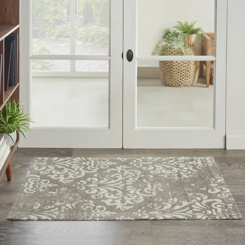 Beige Red And Gray Damask Distressed Area Rug Photo 4