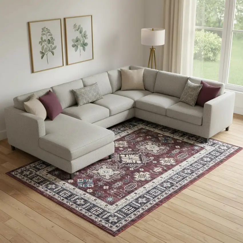 Beige Red And Gray Oriental Distressed Non Skid Area Rug Photo 1