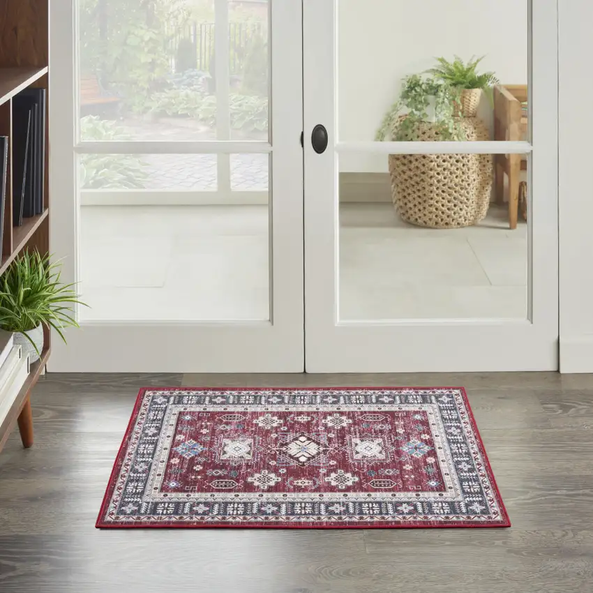 Beige Red And Gray Oriental Distressed Non Skid Area Rug Photo 3