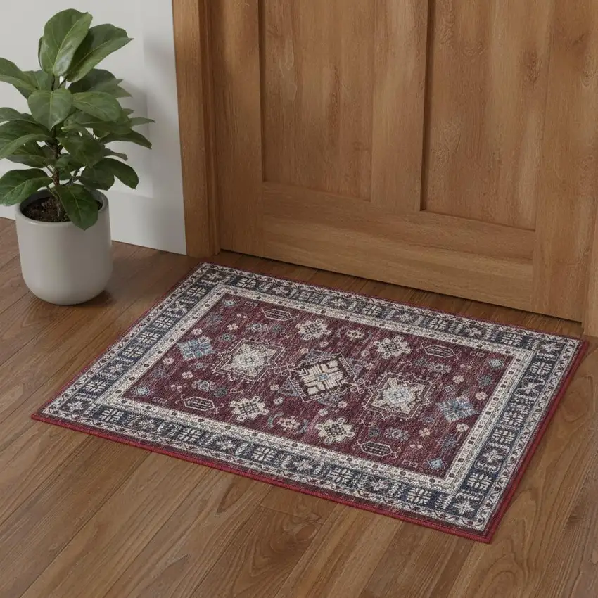 Beige Red And Gray Oriental Distressed Non Skid Area Rug Photo 1