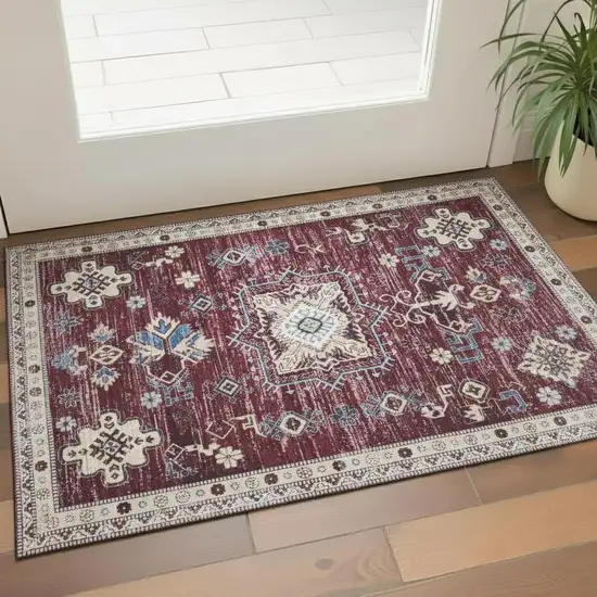 Beige Red And Gray Oriental Distressed Non Skid Area Rug Photo 1