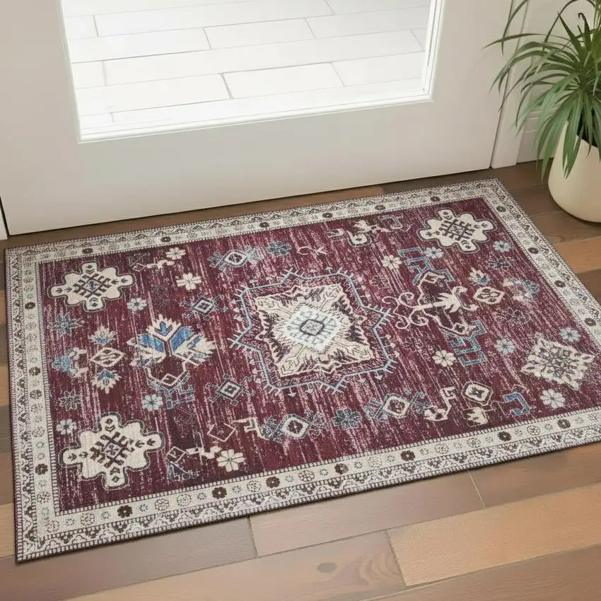 Beige Red And Gray Oriental Distressed Non Skid Area Rug Photo 1