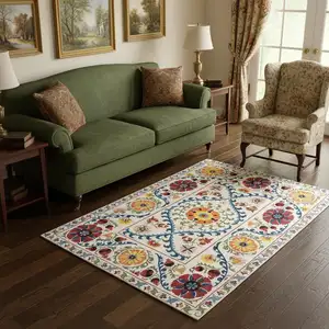 Photo of Beige Red And Orange Tribal Washable Area Rug With UV Protection