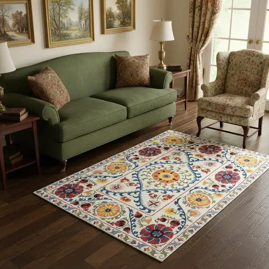 Beige Red And Orange Tribal Washable Area Rug With UV Protection Photo 1