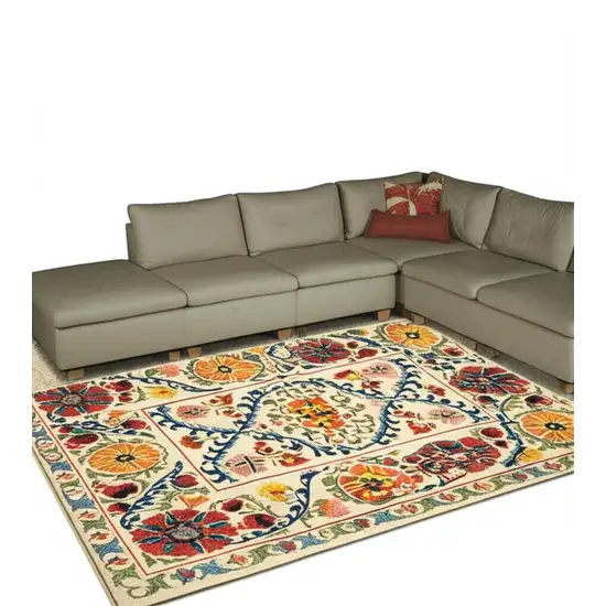 Beige Red And Orange Tribal Washable Area Rug With UV Protection Photo 1