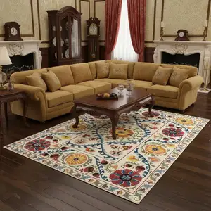 Photo of Beige Red And Orange Tribal Washable Area Rug With UV Protection