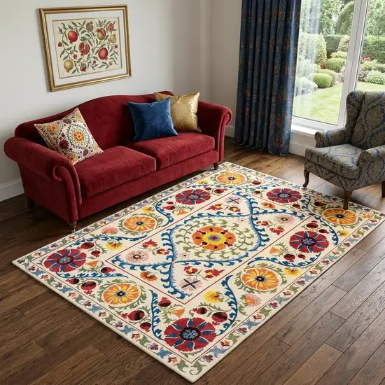 Beige Red And Orange Tribal Washable Area Rug With UV Protection Photo 1