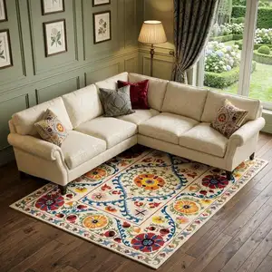 Photo of Beige Red And Orange Tribal Washable Area Rug With UV Protection