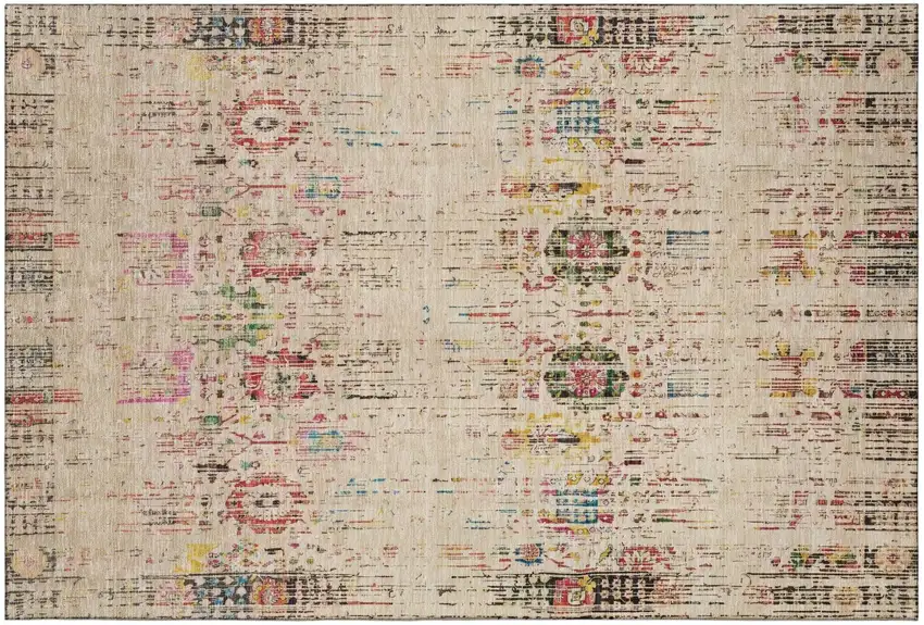 Beige Red And Pink Oriental Washable Area Rug With UV Protection Photo 2