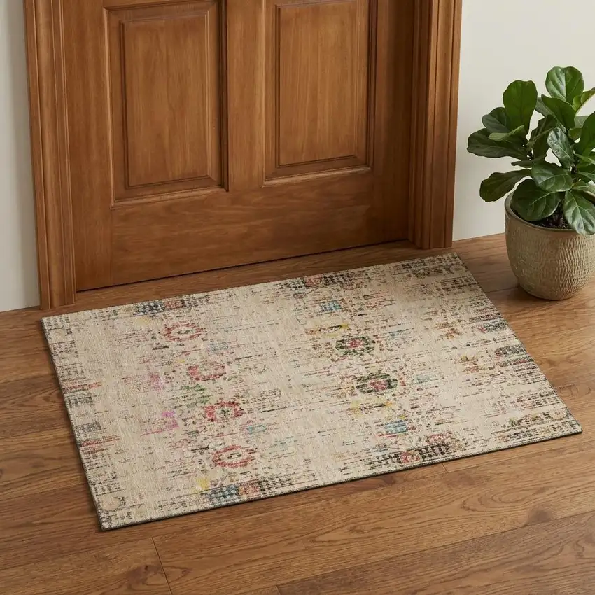 Beige Red And Pink Oriental Washable Area Rug With UV Protection Photo 1