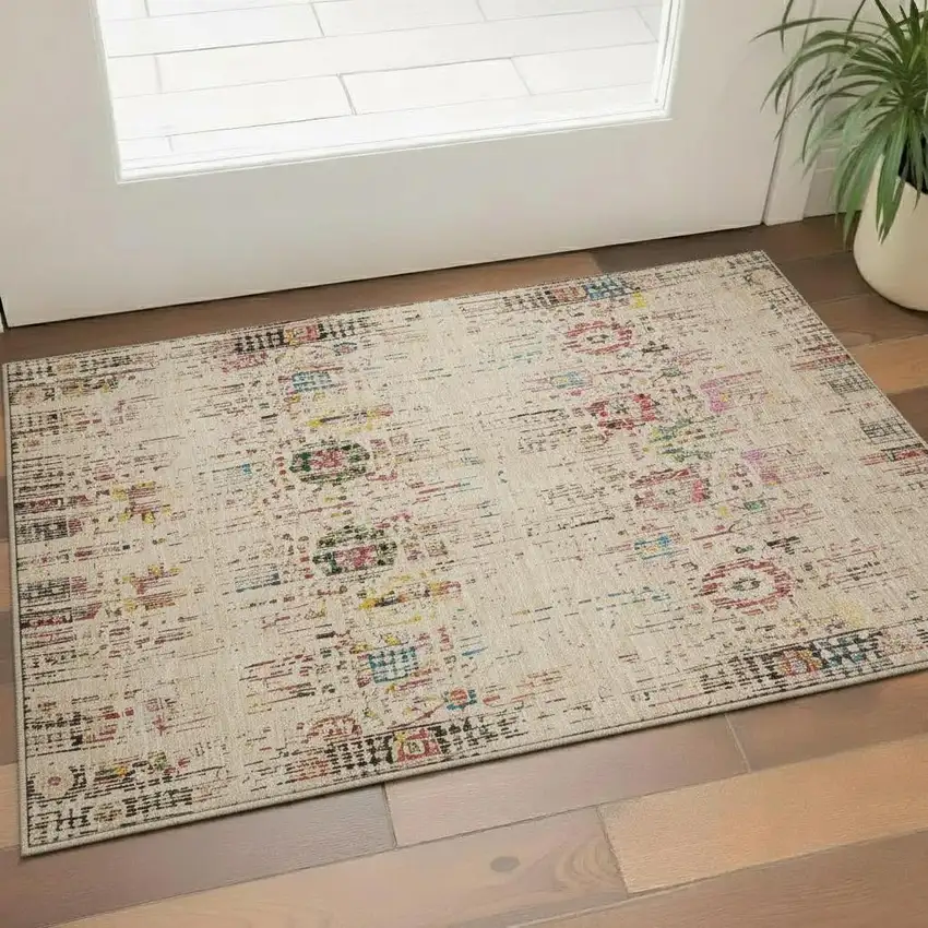 Beige Red And Pink Oriental Washable Area Rug With UV Protection Photo 2