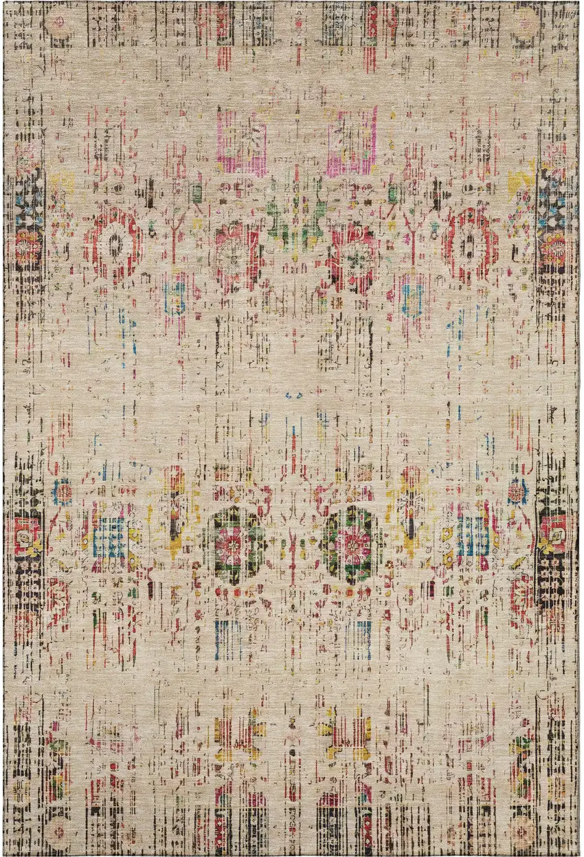 Beige Red And Pink Oriental Washable Area Rug With UV Protection Photo 3